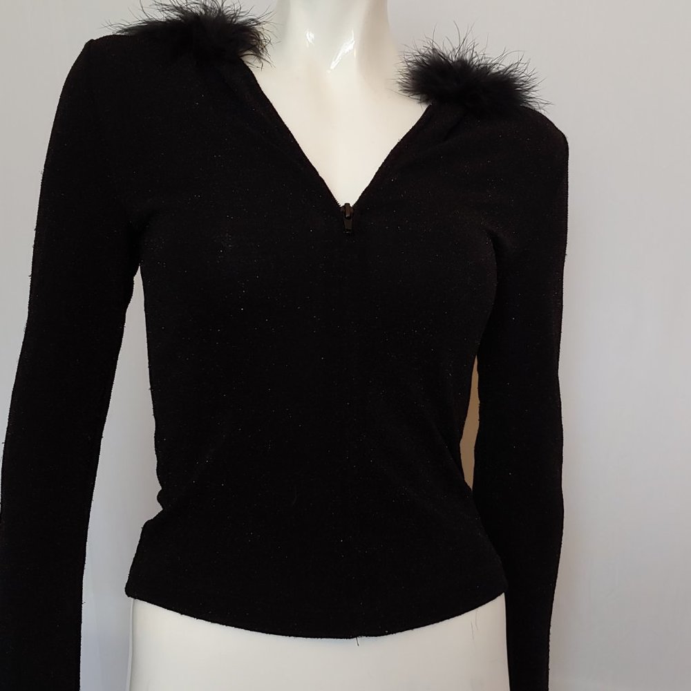 Black and gold fleck zip sweater hoodie with boa trimmed hood - Picture 1 of 11